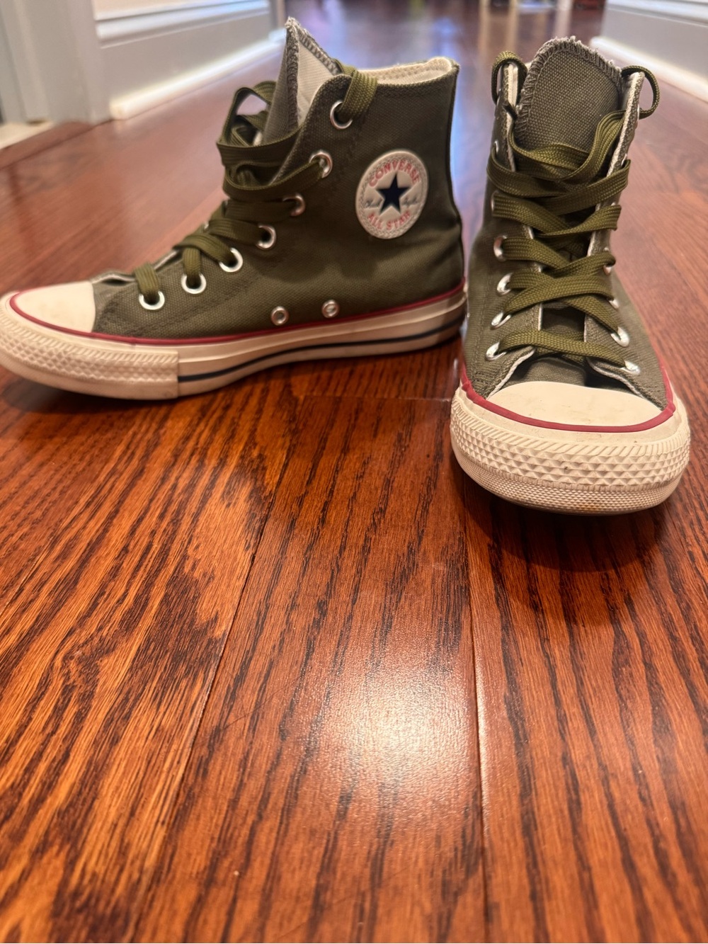 Converse Women’s High-Top Sneakers in Olive Green with White and Red Trim
